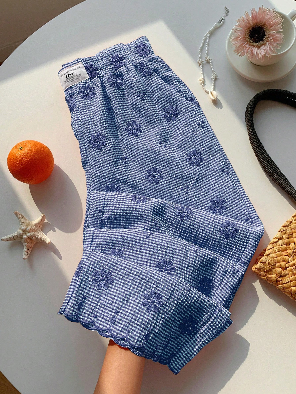 Comfortcana Women's Blue And White Grid Flower Embroidery Wide Leg Pants,Cute Summer House Casual Vacation Beach Pants,Elegant Ruffle Sequin Y2K Formal Pants