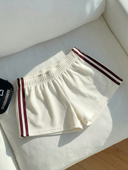 Comfortcana Women's Summer Casual Sports Everyday Commute Waffle Fabric Apricot & Burgundy Striped Side Loose Shorts