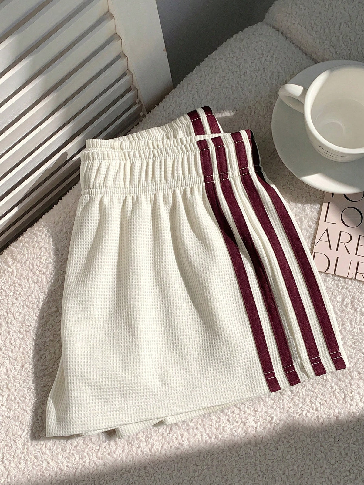Comfortcana Women's Summer Casual Sports Everyday Commute Waffle Fabric Apricot & Burgundy Striped Side Loose Shorts