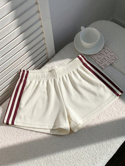Comfortcana Women's Summer Casual Sports Everyday Commute Waffle Fabric Apricot & Burgundy Striped Side Loose Shorts