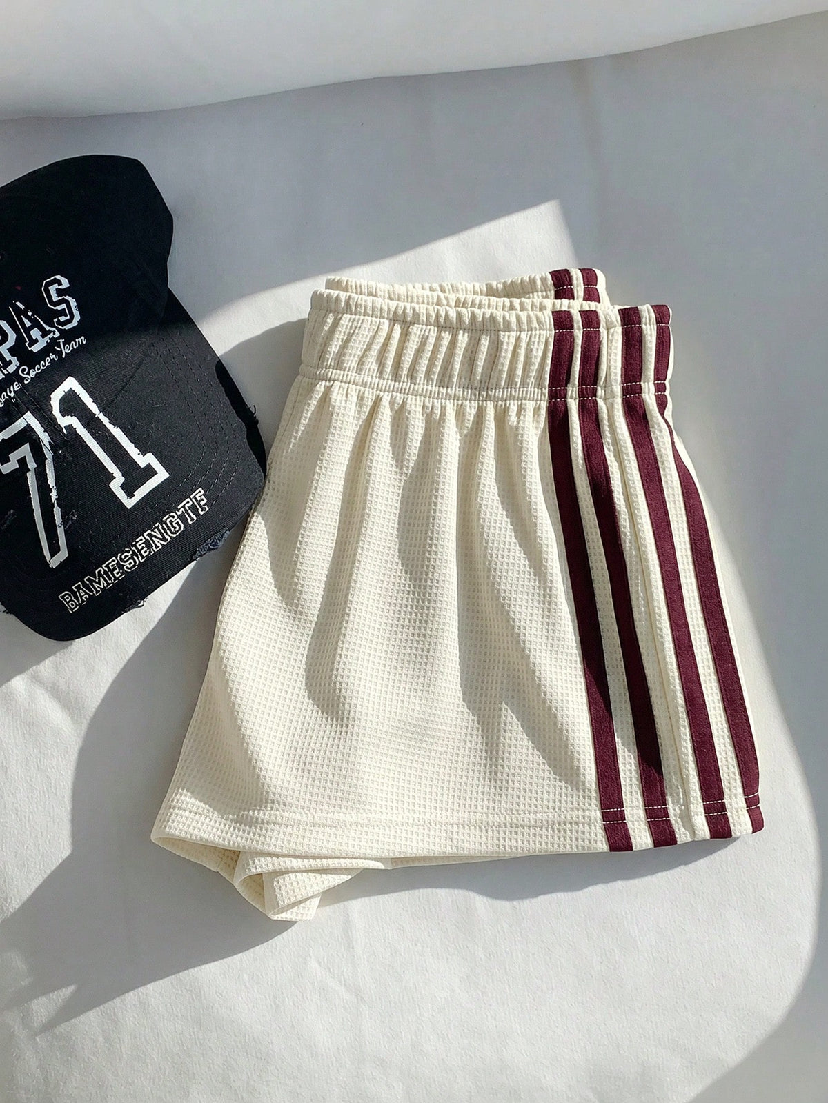 Comfortcana Women's Summer Casual Sports Everyday Commute Waffle Fabric Apricot & Burgundy Striped Side Loose Shorts