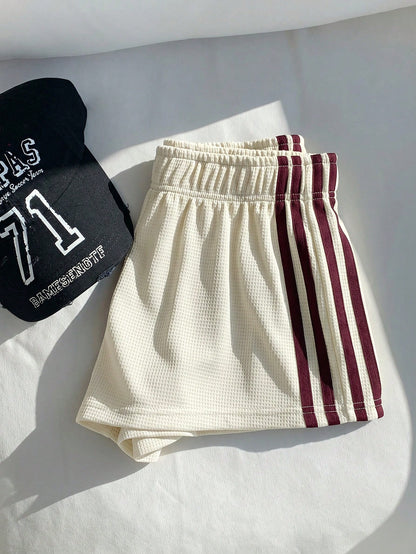 Comfortcana Women's Summer Casual Sports Everyday Commute Waffle Fabric Apricot & Burgundy Striped Side Loose Shorts
