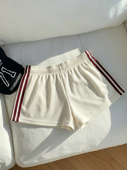 Comfortcana Women's Summer Casual Sports Everyday Commute Waffle Fabric Apricot & Burgundy Striped Side Loose Shorts