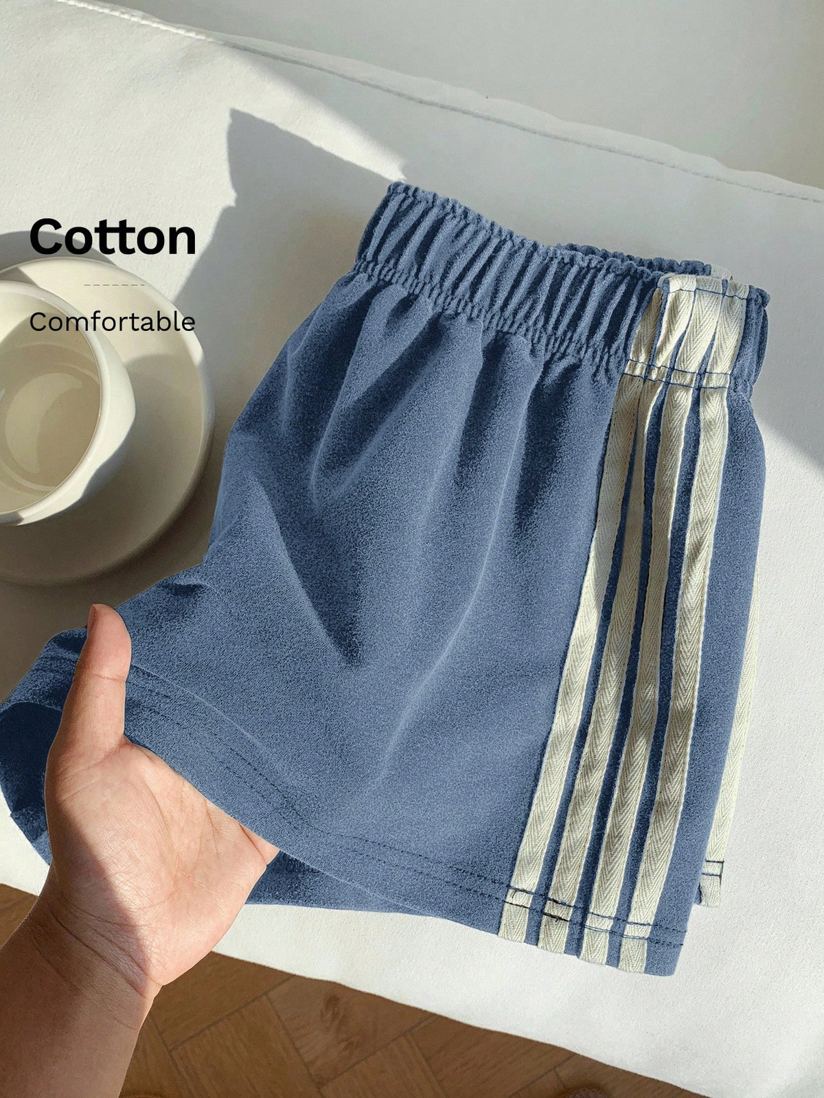Comfortcana Women's Summer Casual Sports Everyday Commute Waffle Fabric Apricot & Burgundy Striped Side Loose Shorts