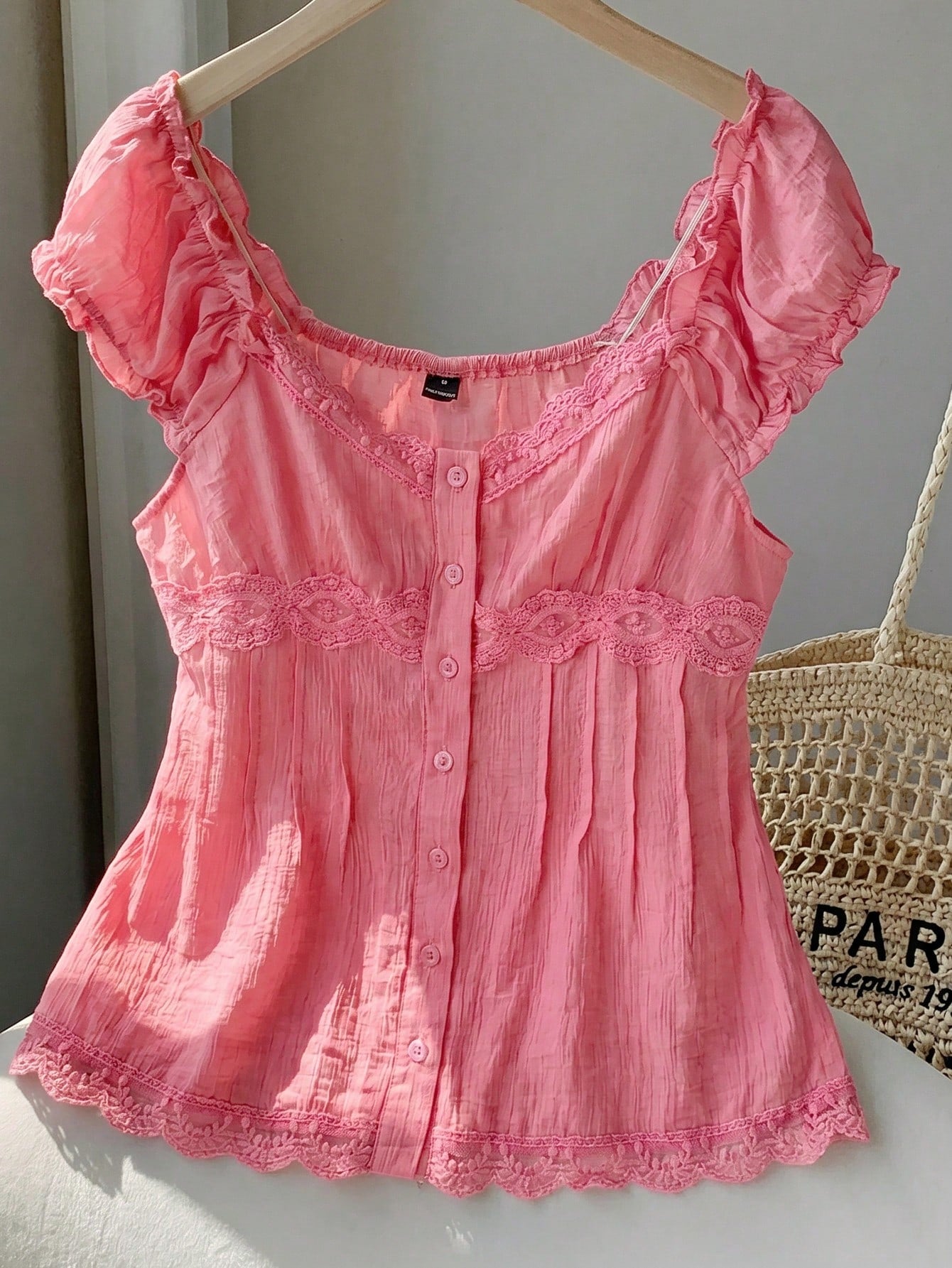 Comfortcana Women's Summer Country Music Festival Fuchsia Woven Contrast Lace Blouse,Summer Top