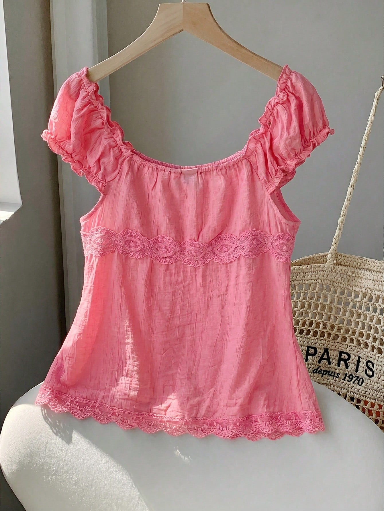 Comfortcana Women's Summer Country Music Festival Fuchsia Woven Contrast Lace Blouse,Summer Top