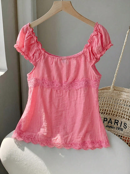 Comfortcana Women's Summer Country Music Festival Fuchsia Woven Contrast Lace Blouse,Summer Top