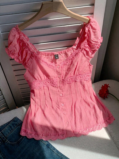 Comfortcana Women's Summer Country Music Festival Fuchsia Woven Contrast Lace Blouse,Summer Top
