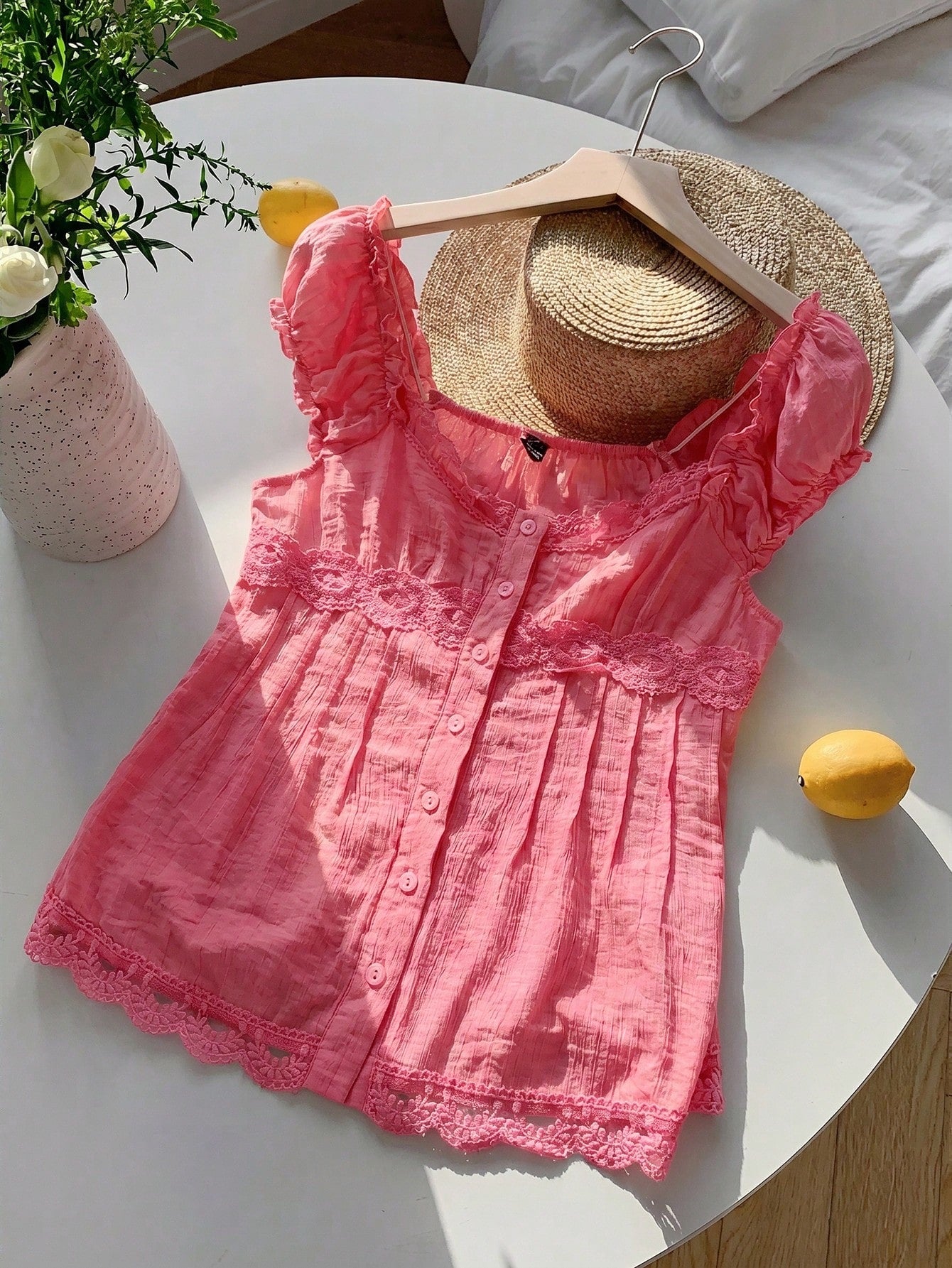 Comfortcana Women's Summer Country Music Festival Fuchsia Woven Contrast Lace Blouse,Summer Top