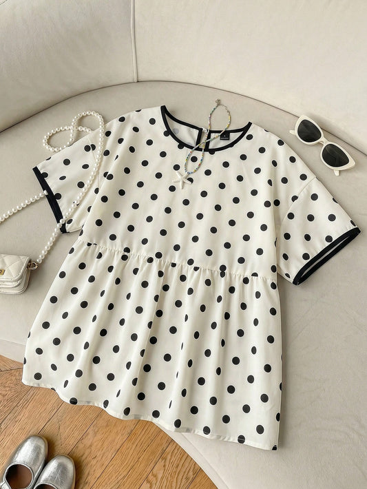 Comfortcana Women's White Black Polka Dots Casual Cute Frenchy Round Neck Short Sleeve Ruffle Hem Blouse Date Summer Beach Going Out