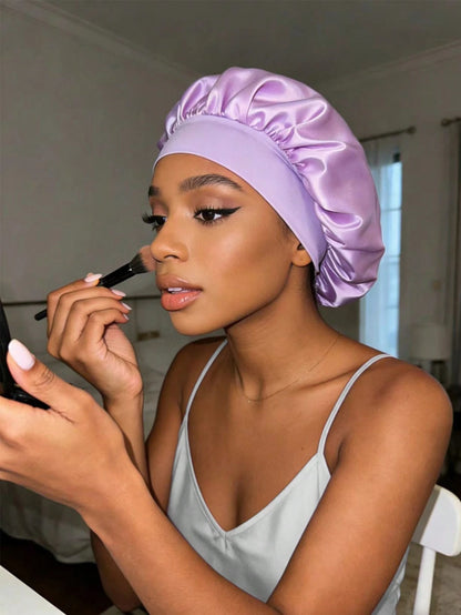CONFLASS 3/1pc Women's Tulip Purple Solid Color Satin Sleep Cap, Soft Silk Sleep Cap Suitable For Curly Hair, Adjustable Sleep Cap Suitable For All Hair Types, Daily Use, Unisex