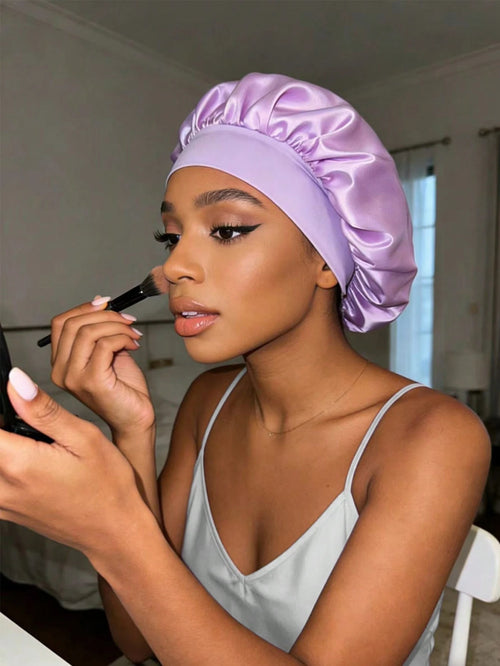 CONFLASS 3/1pc Women's Tulip Purple Solid Color Satin Sleep Cap, Soft Silk Sleep Cap Suitable For Curly Hair, Adjustable Sleep Cap Suitable For All Hair Types, Daily Use, Unisex