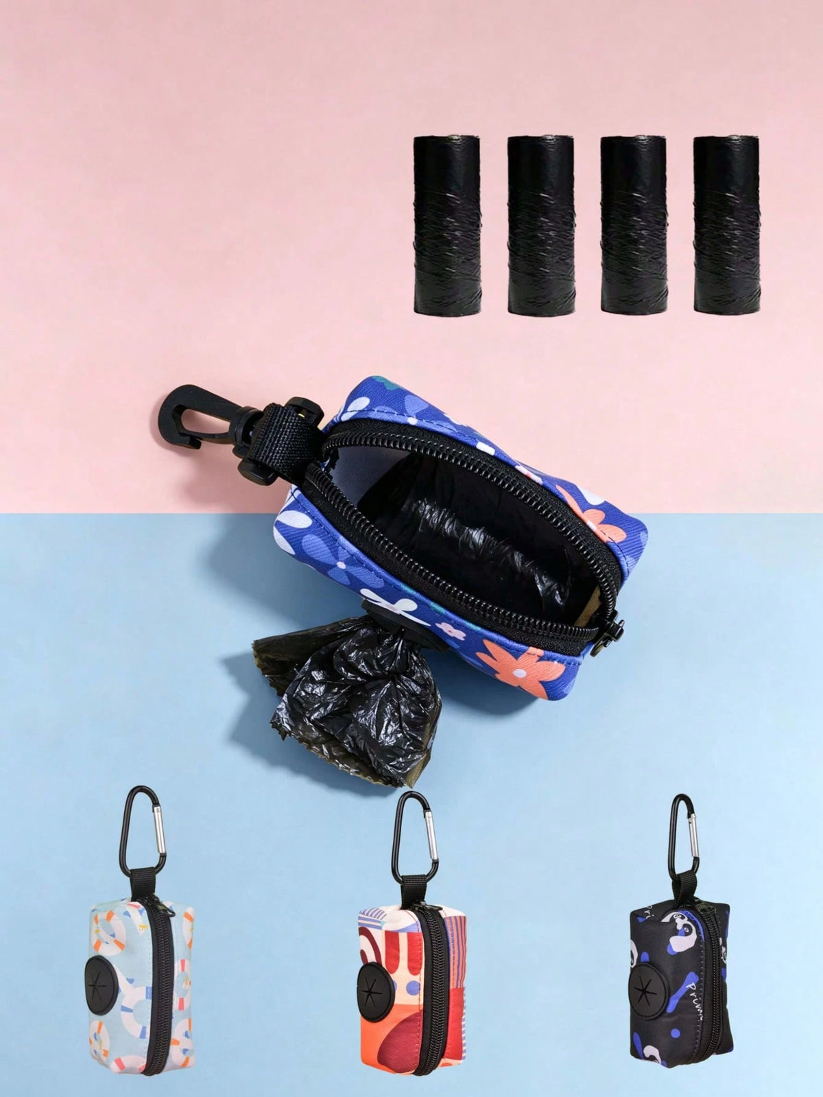 Convenient Bag With 4pcs Random Garbage Bags, Pet Waste Picker With Plastic Bags, Dog Poop Bags, Printed Design, Dog Accessories, Dog Poop Bags, Small Garbage Bag Holder, Leak-Proof Pet Waste Bags, Ou