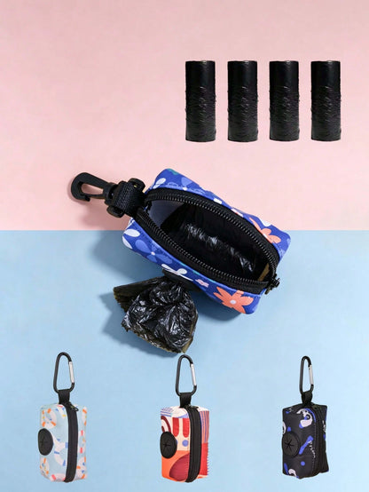 Convenient Bag With 4pcs Random Garbage Bags, Pet Waste Picker With Plastic Bags, Dog Poop Bags, Printed Design, Dog Accessories, Dog Poop Bags, Small Garbage Bag Holder, Leak-Proof Pet Waste Bags, Ou