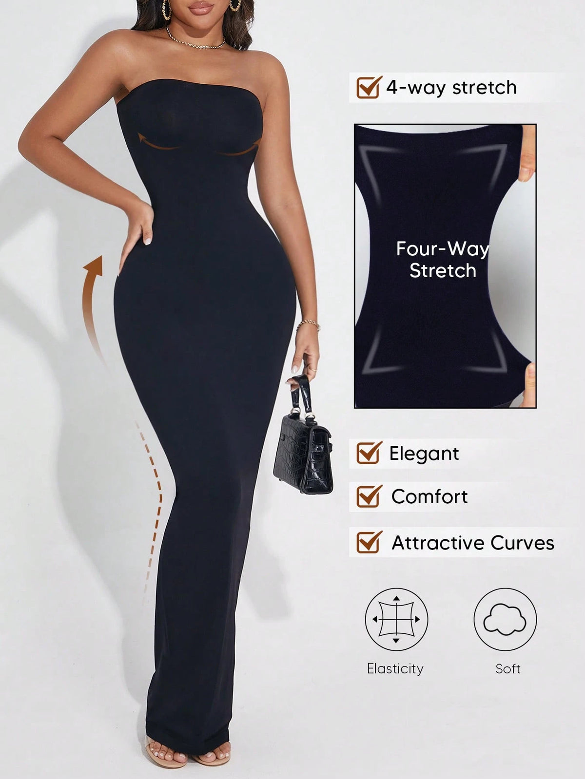 Convertible Strapless Long Dress For Women (Can Be Folded Into Short Dress) Black Summer Elegant