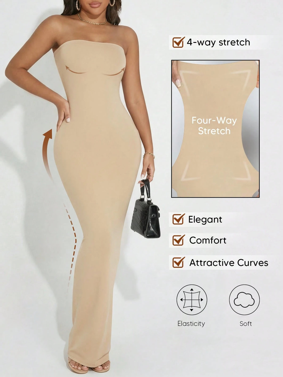 Convertible Strapless Long Dress For Women (Can Be Folded Into Short Dress) Black Summer Elegant