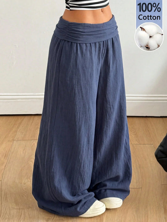 Coolane Autumn Streetwear Going Out Vacation 100 Cotton Turn-Down Trousers Dusty Blue Casual Pants