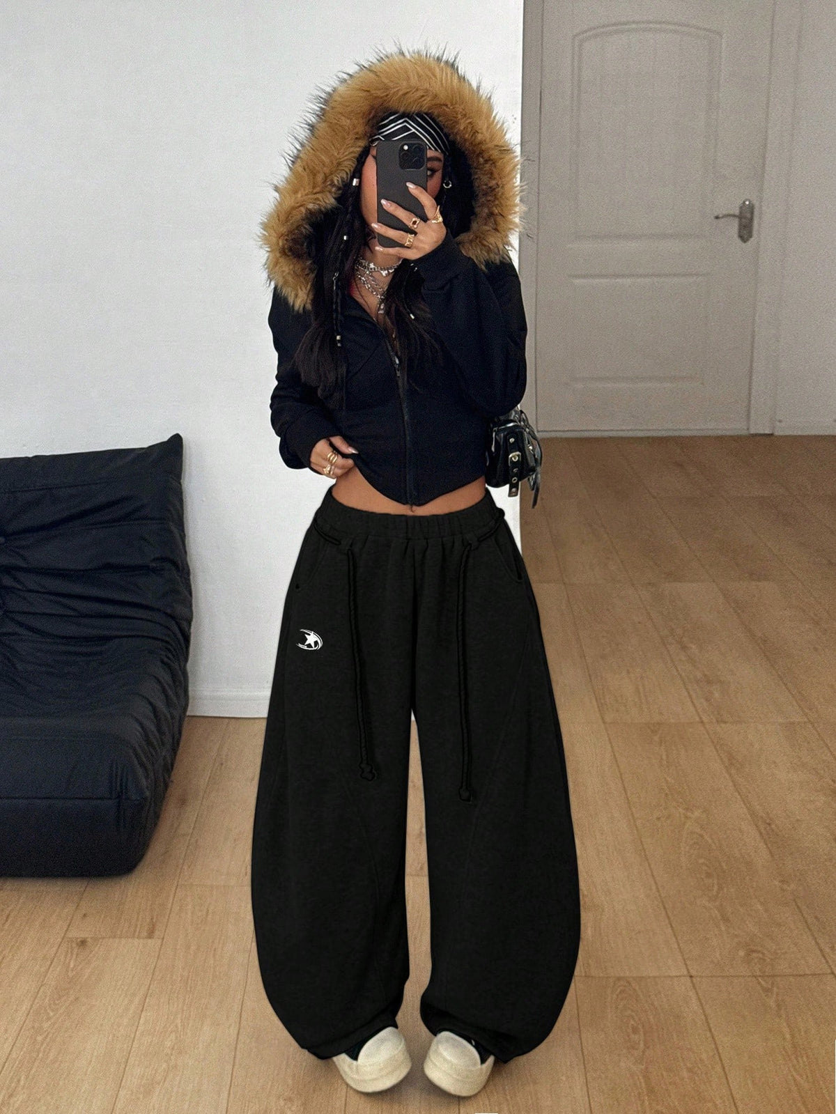 Coolane Women's Fall/Winter Streetwear Back To School Preppy Casual Warm Comfortable French Black Elastic Waistband Curved Hem Pants,Black Pants