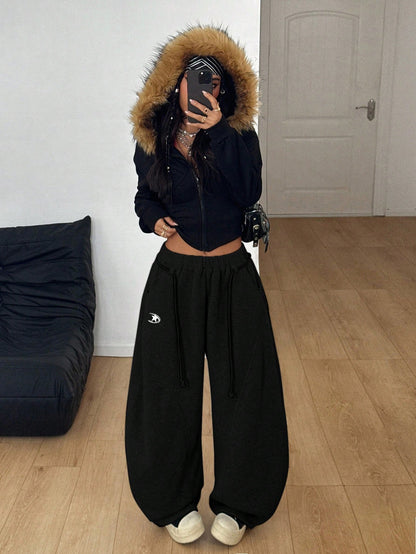 Coolane Women's Fall/Winter Streetwear Back To School Preppy Casual Warm Comfortable French Black Elastic Waistband Curved Hem Pants,Black Pants