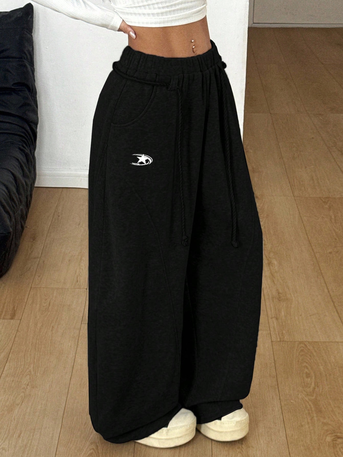 Coolane Women's Fall/Winter Streetwear Back To School Preppy Casual Warm Comfortable French Black Elastic Waistband Curved Hem Pants,Black Pants