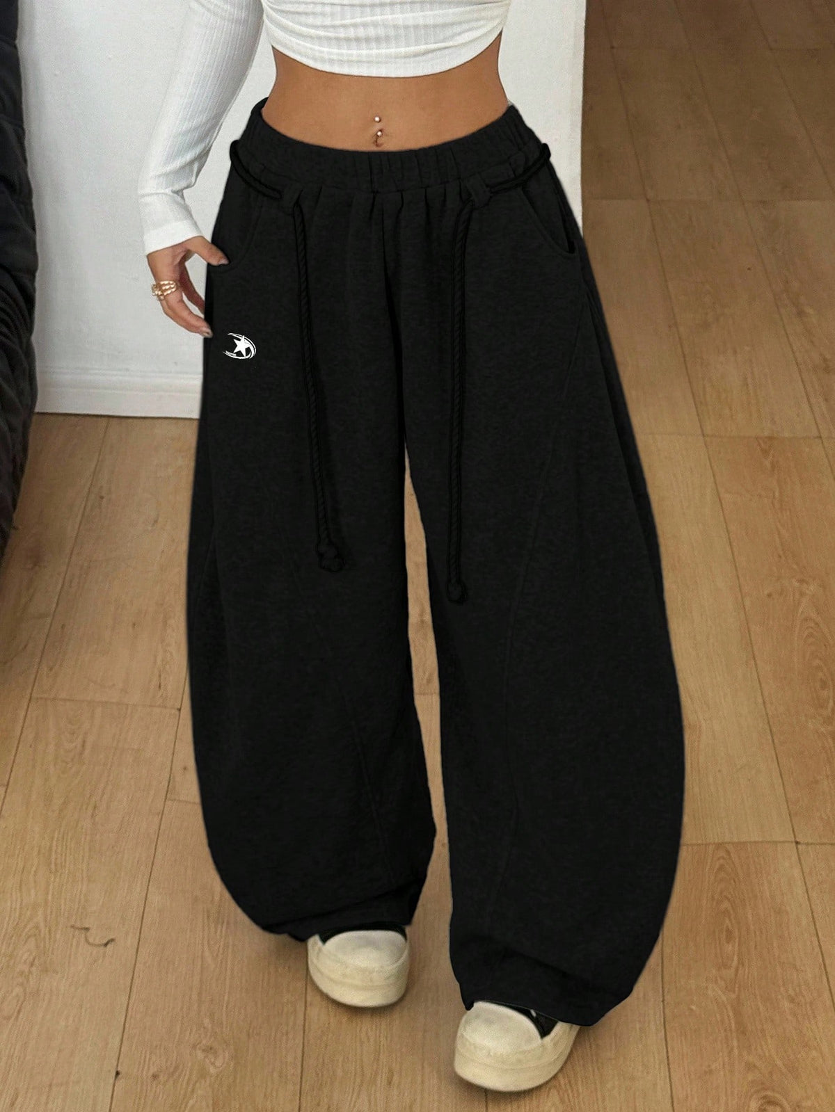 Coolane Women's Fall/Winter Streetwear Back To School Preppy Casual Warm Comfortable French Black Elastic Waistband Curved Hem Pants,Black Pants