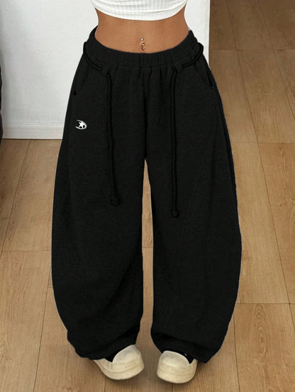 Coolane Women's Fall/Winter Streetwear Back To School Preppy Casual Warm Comfortable French Black Elastic Waistband Curved Hem Pants,Black Pants