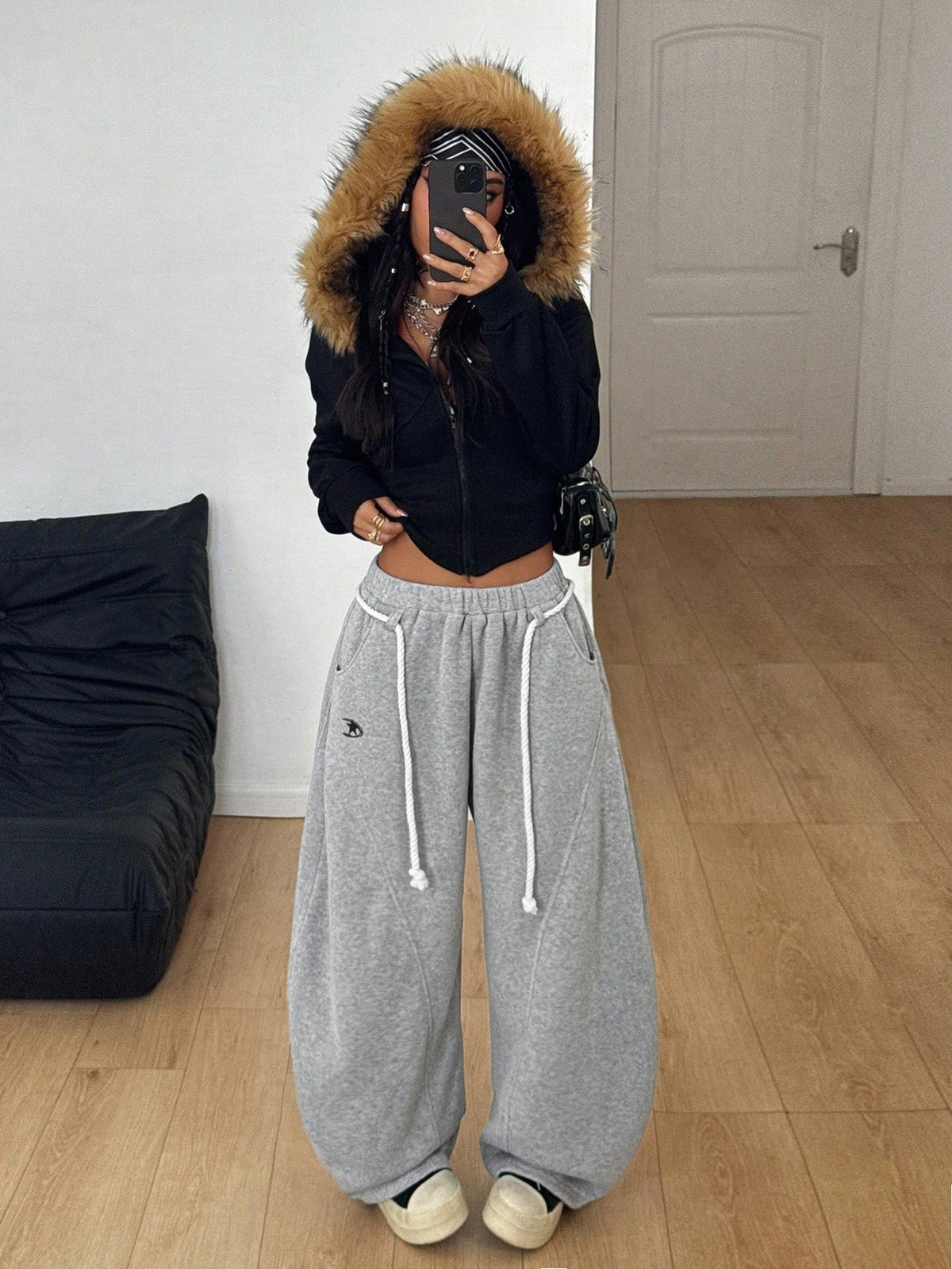Coolane Women's Fall/Winter Streetwear Back To School Preppy Casual Warm Comfortable French Black Elastic Waistband Curved Hem Pants,Black Pants