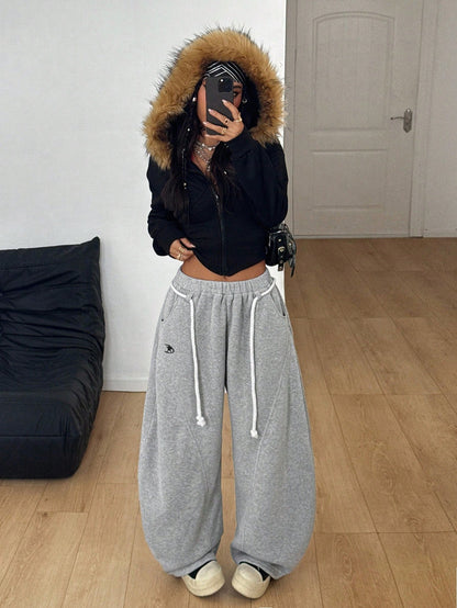 Coolane Women's Fall/Winter Streetwear Back To School Preppy Casual Warm Comfortable French Black Elastic Waistband Curved Hem Pants,Black Pants