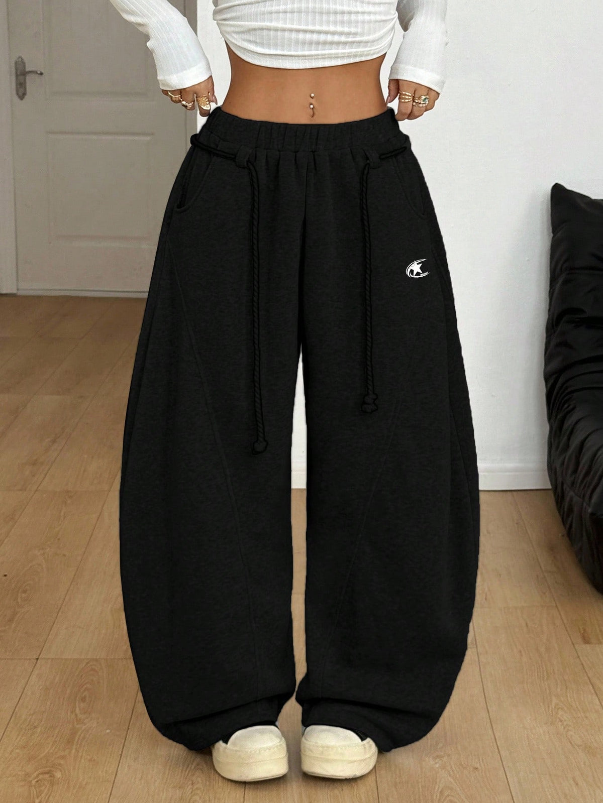 Coolane Women's Fall/Winter Streetwear Back To School Preppy Casual Warm Comfortable French Black Elastic Waistband Curved Hem Pants,Black Pants