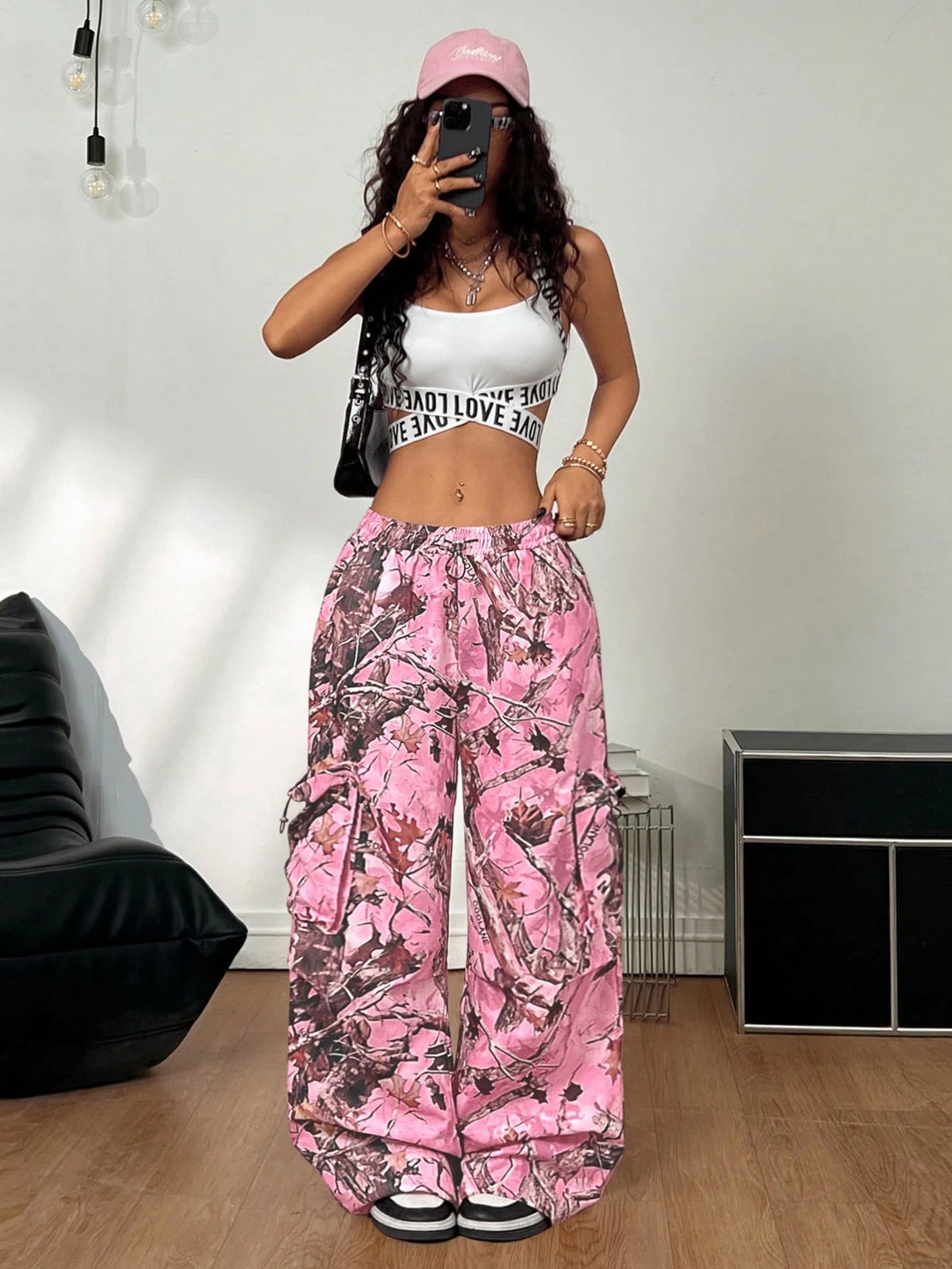Coolane Women's & Men's Pink Camo Baggy Parachute Pants,Summer Y2K Rave Music Festival Streetwear Chic Tree Branch Pattern Forest Camo Comfortable Pants