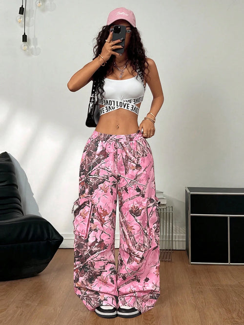 Coolane Women's & Men's Pink Camo Baggy Parachute Pants,Summer Y2K Rave Music Festival Streetwear Chic Tree Branch Pattern Forest Camo Comfortable Pants