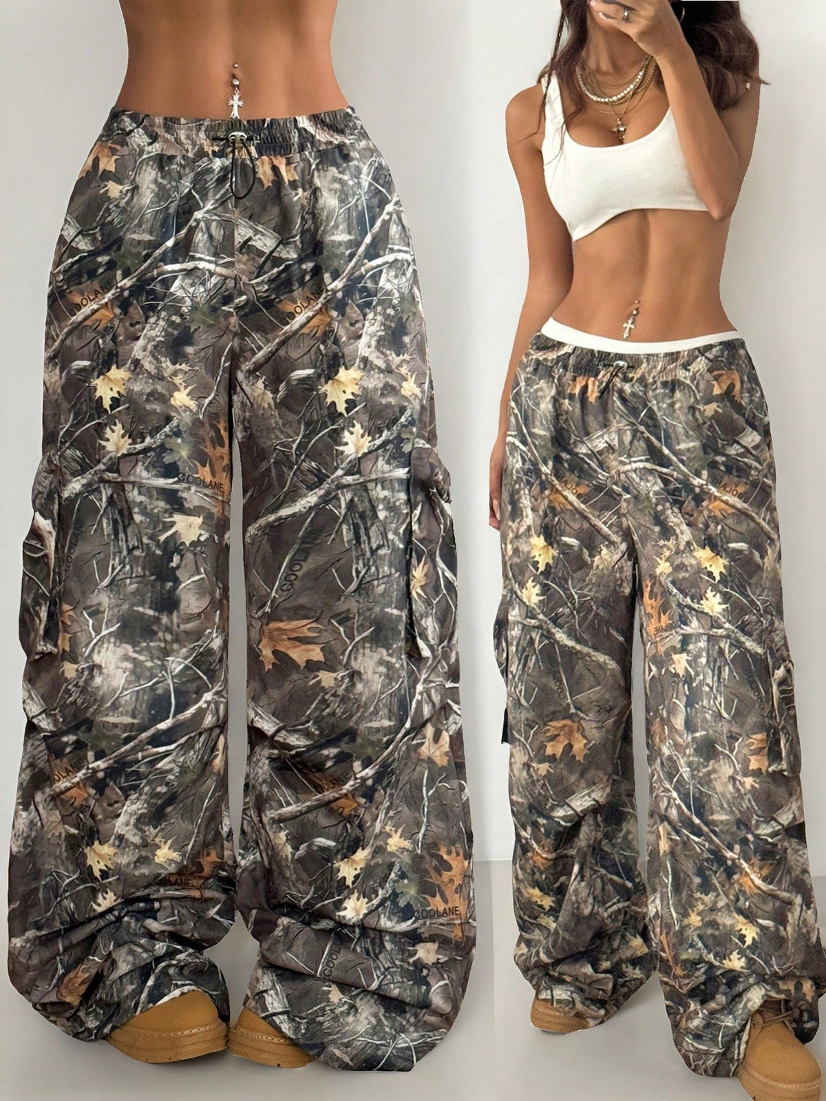 Coolane Women's & Men's Pink Camo Baggy Parachute Pants,Summer Y2K Rave Music Festival Streetwear Chic Tree Branch Pattern Forest Camo Comfortable Pants