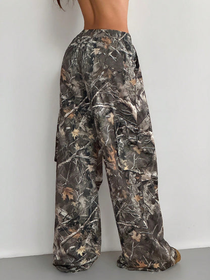 Coolane Women's & Men's Pink Camo Baggy Parachute Pants,Summer Y2K Rave Music Festival Streetwear Chic Tree Branch Pattern Forest Camo Comfortable Pants