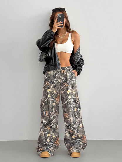 Coolane Women's & Men's Pink Camo Baggy Parachute Pants,Summer Y2K Rave Music Festival Streetwear Chic Tree Branch Pattern Forest Camo Comfortable Pants