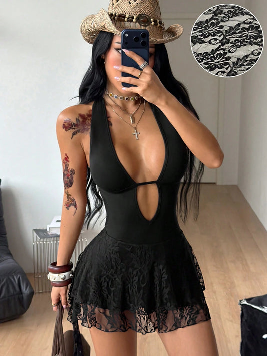 Coolane Women's Summer Concert Outfit Party Streetwear Sexy Rave Y2K Vacation Date Night Club Music Festival Lace Bustier Backless V-Neck Black Mini Dress