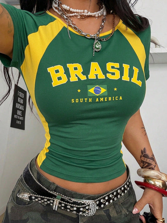 Coolane Women's Summer Music Festival Streetwear Vacation Casual Rave Going Out Casual Sport Sportswear Chic Basic Brazil Graphic Stretchy Comfortable Green Slim Fit Tee