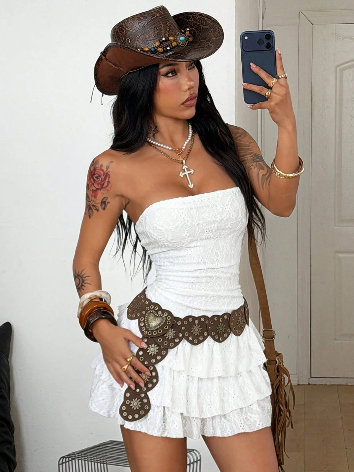 Coolane Women's Summer Streetwear Hippie Boho Beach Outfits Vacation Spring Break Fairycore White Lace Mini Ruffle Tube Dress,Summer Dresses For Women