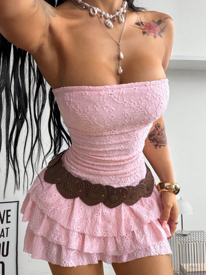 Coolane Women's Summer Streetwear Hippie Boho Beach Outfits Vacation Spring Break Fairycore White Lace Mini Ruffle Tube Dress,Summer Dresses For Women