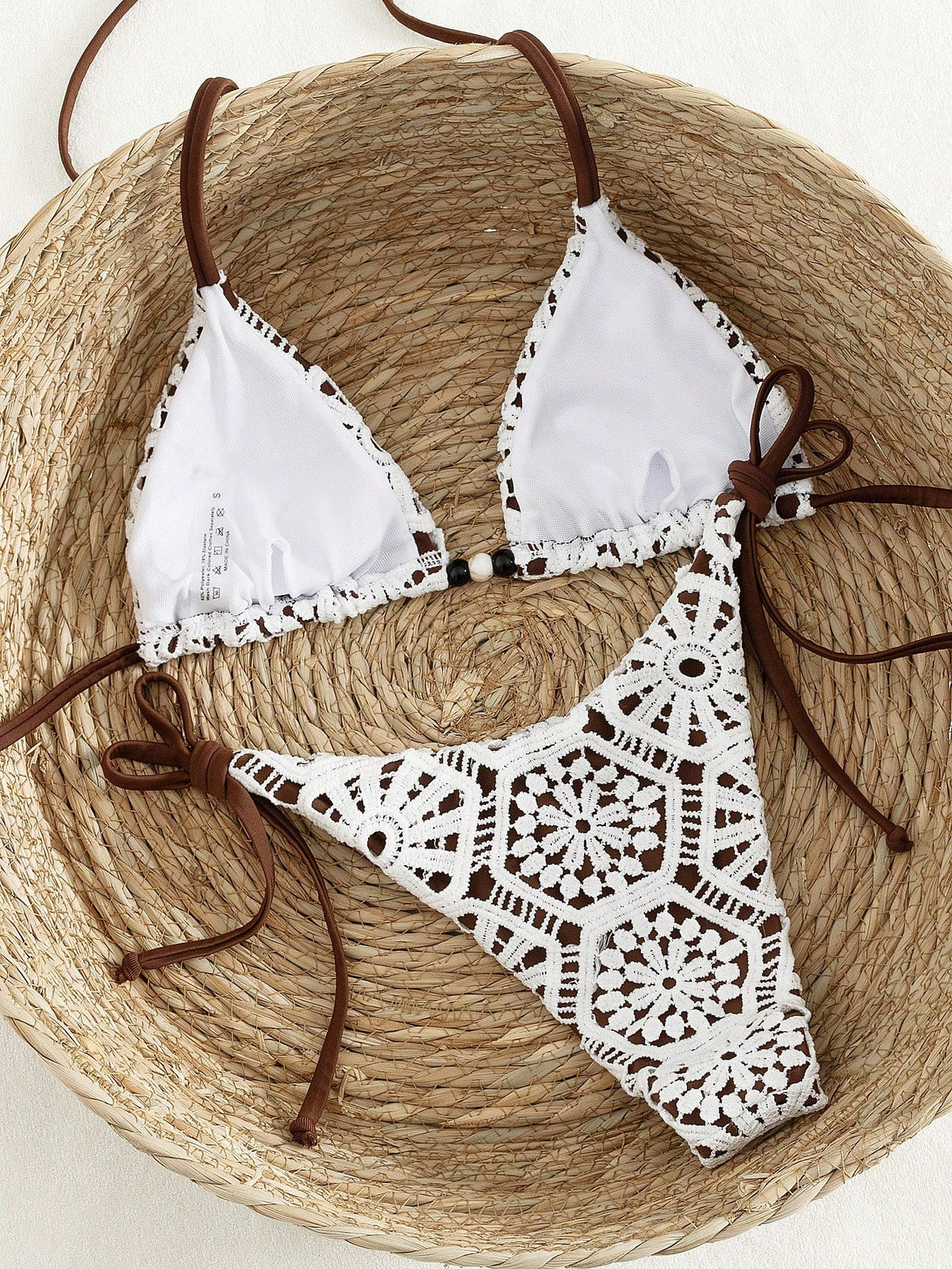 Costavie Swim Vcay New Arrival Luxe Elegant 2-Piece White Crochet Lace And Caramel/Brown Triangle Bikini Set For Women, Halter Neck Swim Top With Wooden Bead Accents, Sexy High Cut Cheeky Thong Bathin