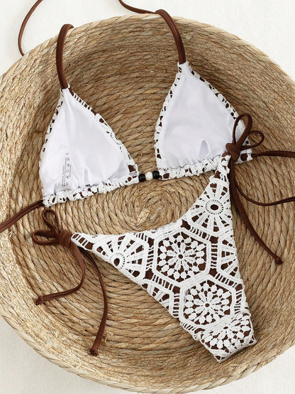Costavie Swim Vcay New Arrival Luxe Elegant 2-Piece White Crochet Lace And Caramel/Brown Triangle Bikini Set For Women, Halter Neck Swim Top With Wooden Bead Accents, Sexy High Cut Cheeky Thong Bathin