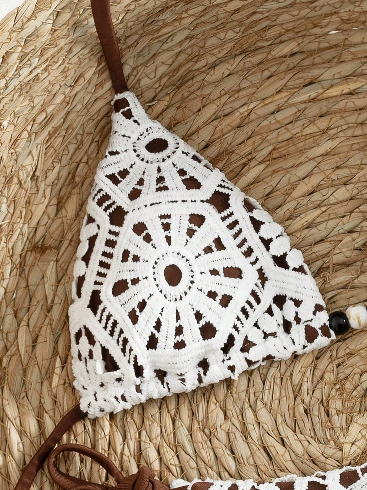 Costavie Swim Vcay New Arrival Luxe Elegant 2-Piece White Crochet Lace And Caramel/Brown Triangle Bikini Set For Women, Halter Neck Swim Top With Wooden Bead Accents, Sexy High Cut Cheeky Thong Bathin