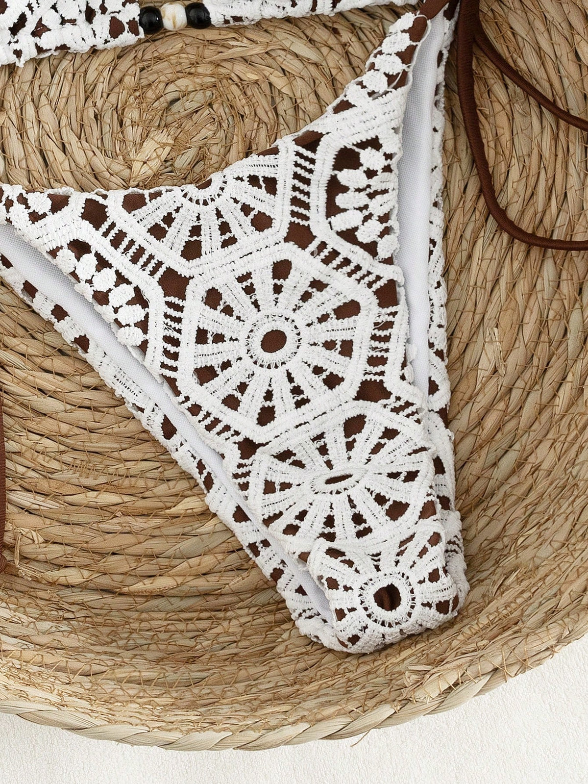 Costavie Swim Vcay New Arrival Luxe Elegant 2-Piece White Crochet Lace And Caramel/Brown Triangle Bikini Set For Women, Halter Neck Swim Top With Wooden Bead Accents, Sexy High Cut Cheeky Thong Bathin