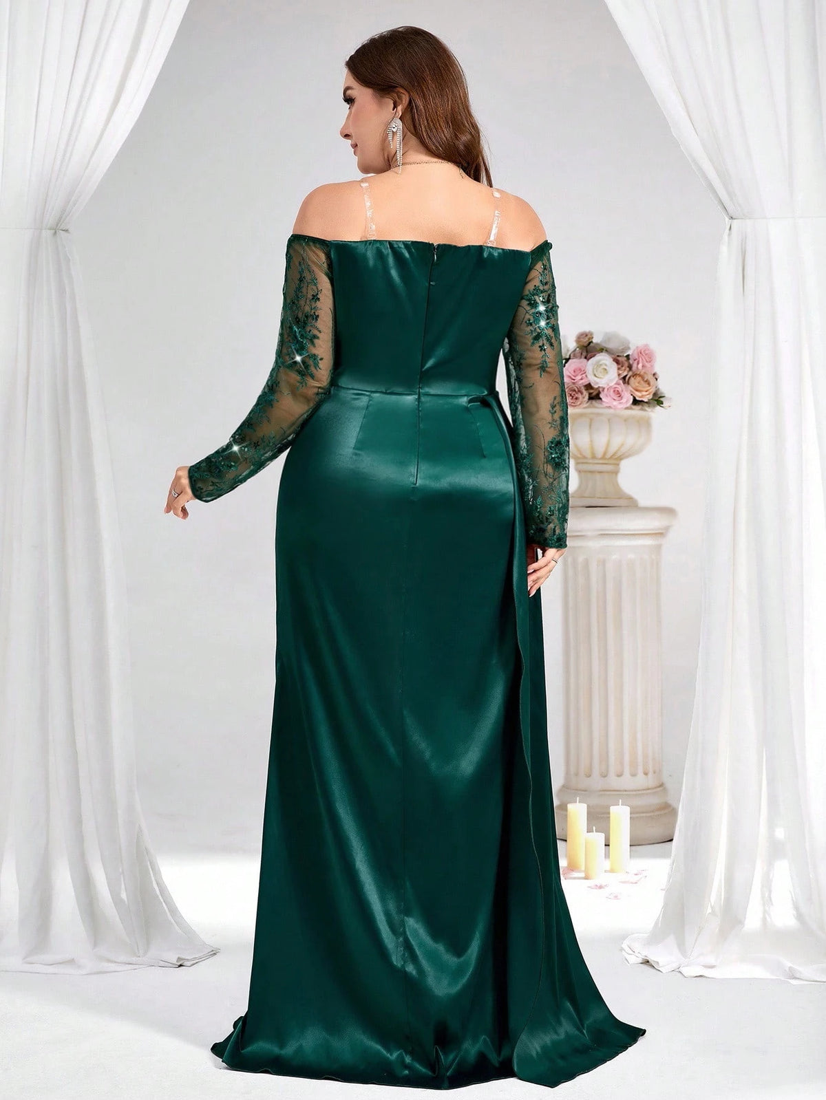 Coutiva Plus Size Dark Green Spring Formal Elegant Evening Gown, Luxury Sequin And Pearl Cuff Design, Long Sleeve Party Dress For Ladies, Wedding Guest Dinner