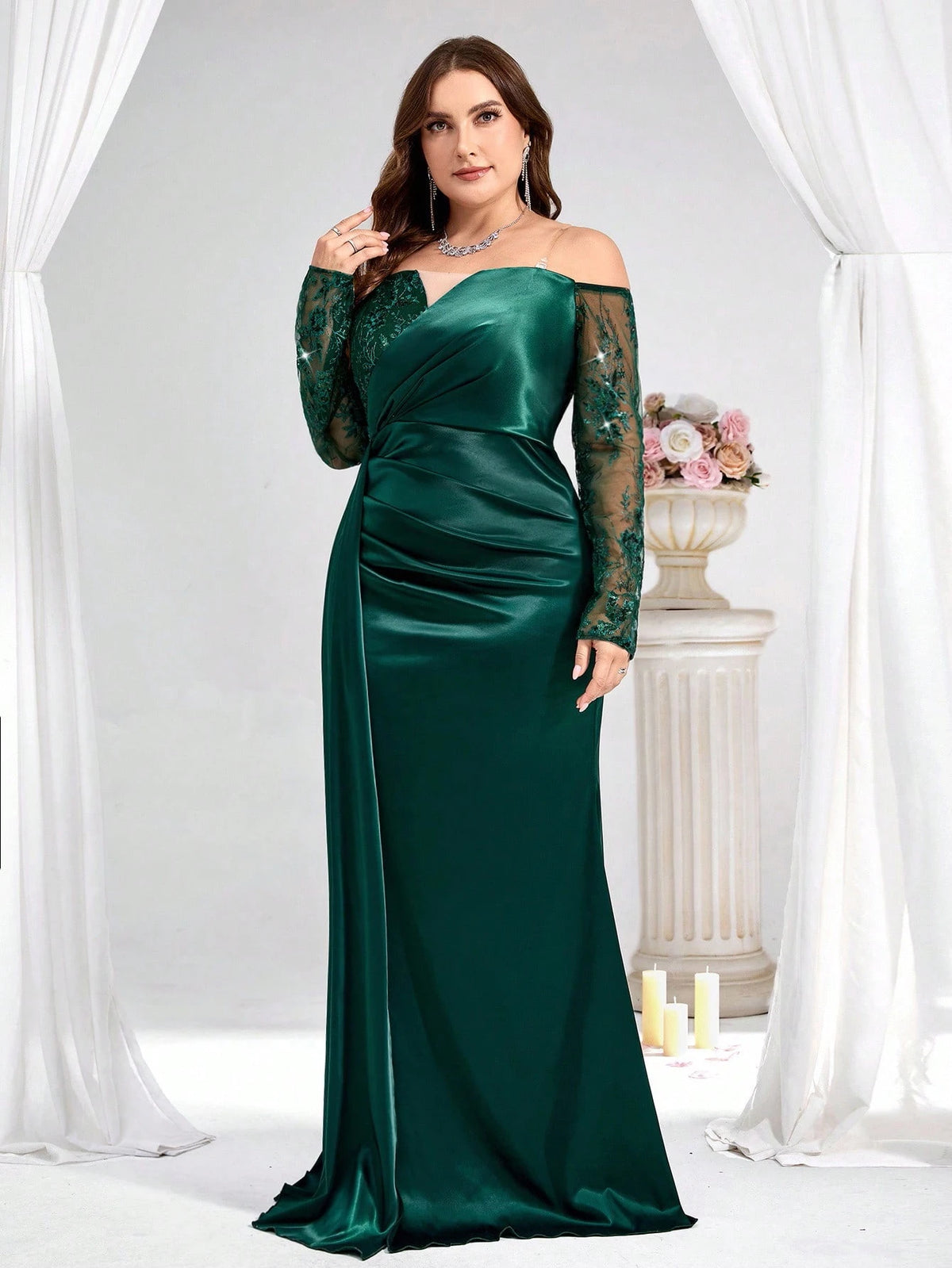 Coutiva Plus Size Dark Green Spring Formal Elegant Evening Gown, Luxury Sequin And Pearl Cuff Design, Long Sleeve Party Dress For Ladies, Wedding Guest Dinner