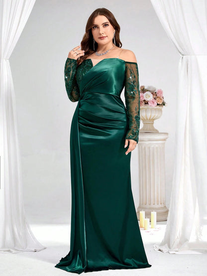 Coutiva Plus Size Dark Green Spring Formal Elegant Evening Gown, Luxury Sequin And Pearl Cuff Design, Long Sleeve Party Dress For Ladies, Wedding Guest Dinner
