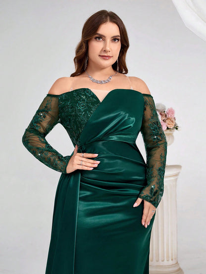 Coutiva Plus Size Dark Green Spring Formal Elegant Evening Gown, Luxury Sequin And Pearl Cuff Design, Long Sleeve Party Dress For Ladies, Wedding Guest Dinner