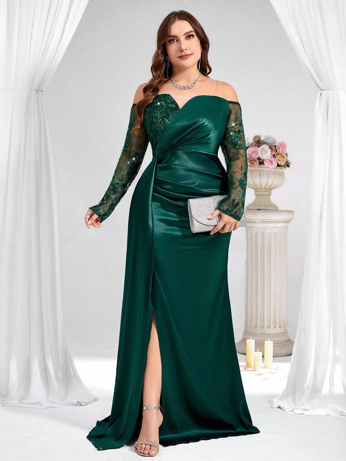 Coutiva Plus Size Dark Green Spring Formal Elegant Evening Gown, Luxury Sequin And Pearl Cuff Design, Long Sleeve Party Dress For Ladies, Wedding Guest Dinner