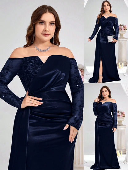 Coutiva Plus Size Dark Green Spring Formal Elegant Evening Gown, Luxury Sequin And Pearl Cuff Design, Long Sleeve Party Dress For Ladies, Wedding Guest Dinner