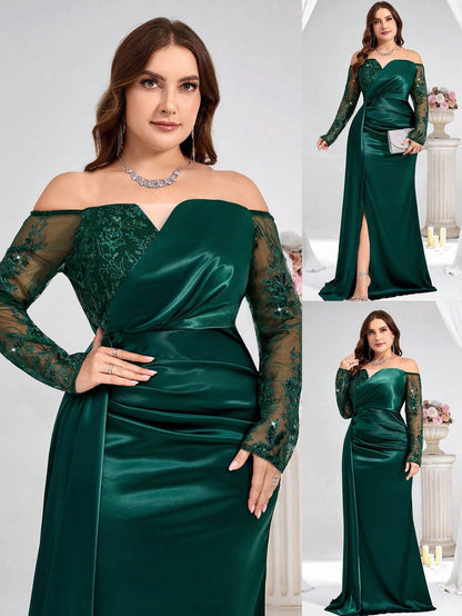 Coutiva Plus Size Dark Green Spring Formal Elegant Evening Gown, Luxury Sequin And Pearl Cuff Design, Long Sleeve Party Dress For Ladies, Wedding Guest Dinner