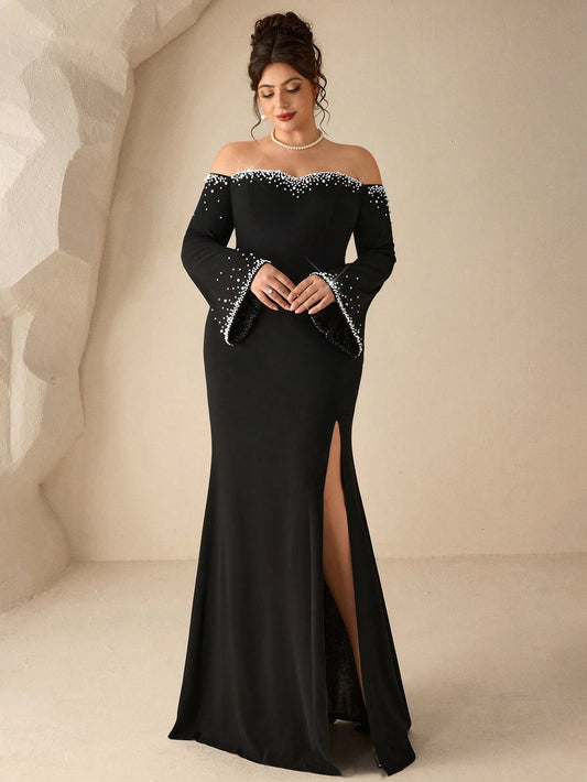 Coutiva Plus Size Faux Pearl Embellished Off-Shoulder Slit Formal Dinner Evening Gown (Heavy Workmanship) Wedding Black Spring Elegant Formal